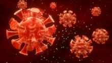  Küçük kırmızı noktalarla birlikte kırmızı renkteki koronavirüs temsili sembolleri